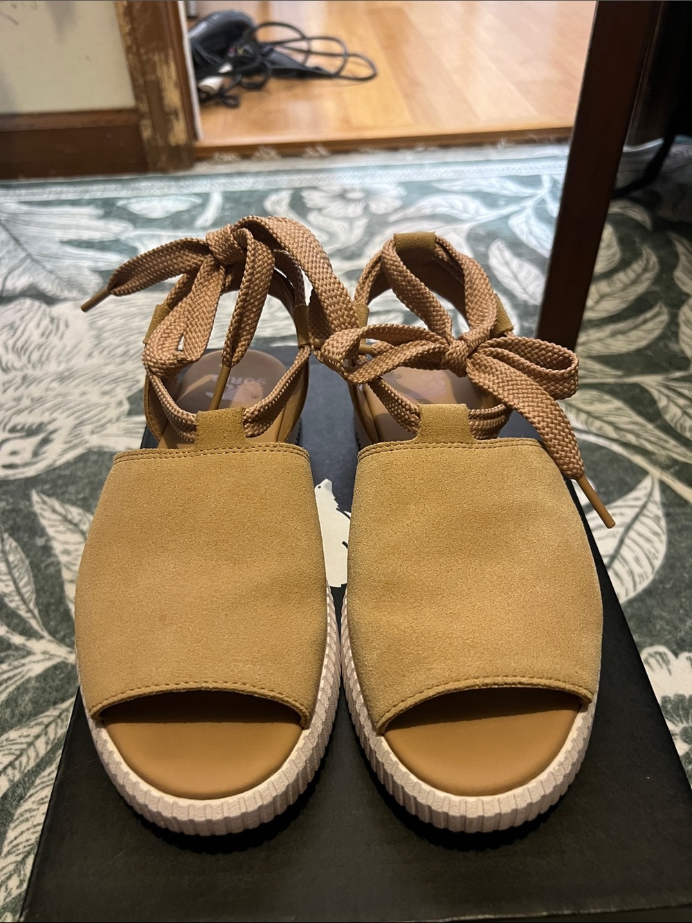 Women's Tan Suede Sandals with Ankle Tie